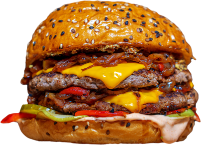 Hamburger with Patties, Tomato, Bacon and Cheese